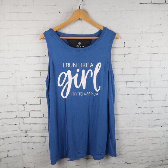 LULAROE BLUE SLEEVELESS I RUN LIKE A GIRL  TRY TO KEEP UP ATHLETIC TOP SIZE L - Picture 1 of 7